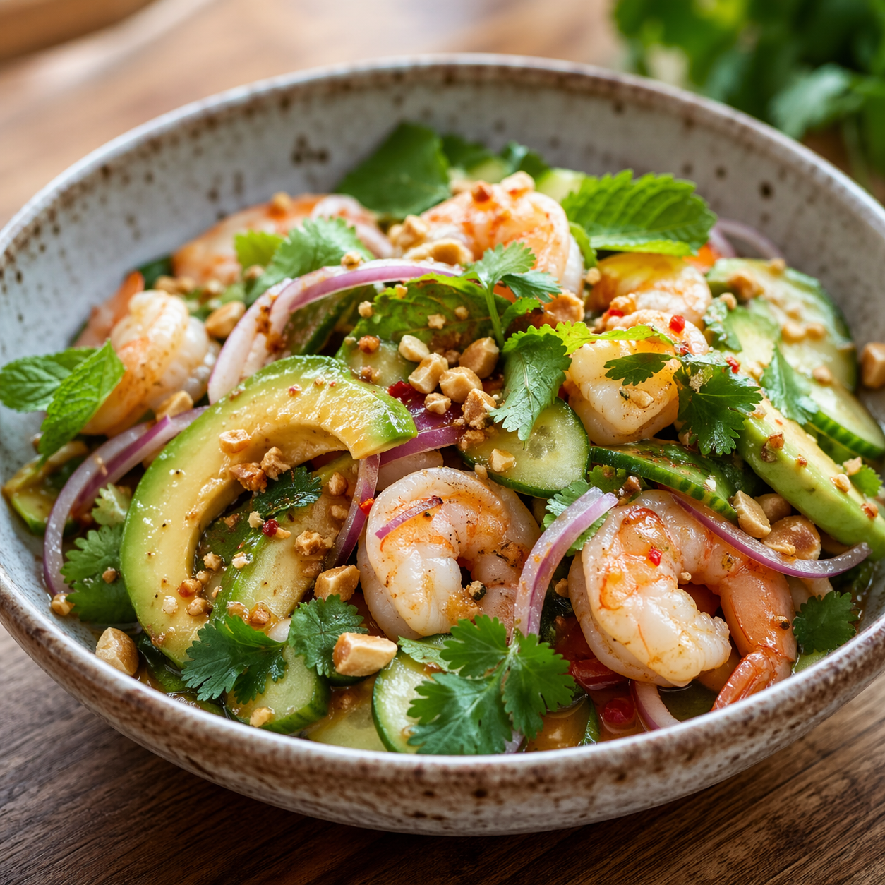 Tom Yum Pähkli-Salat Krevetiga